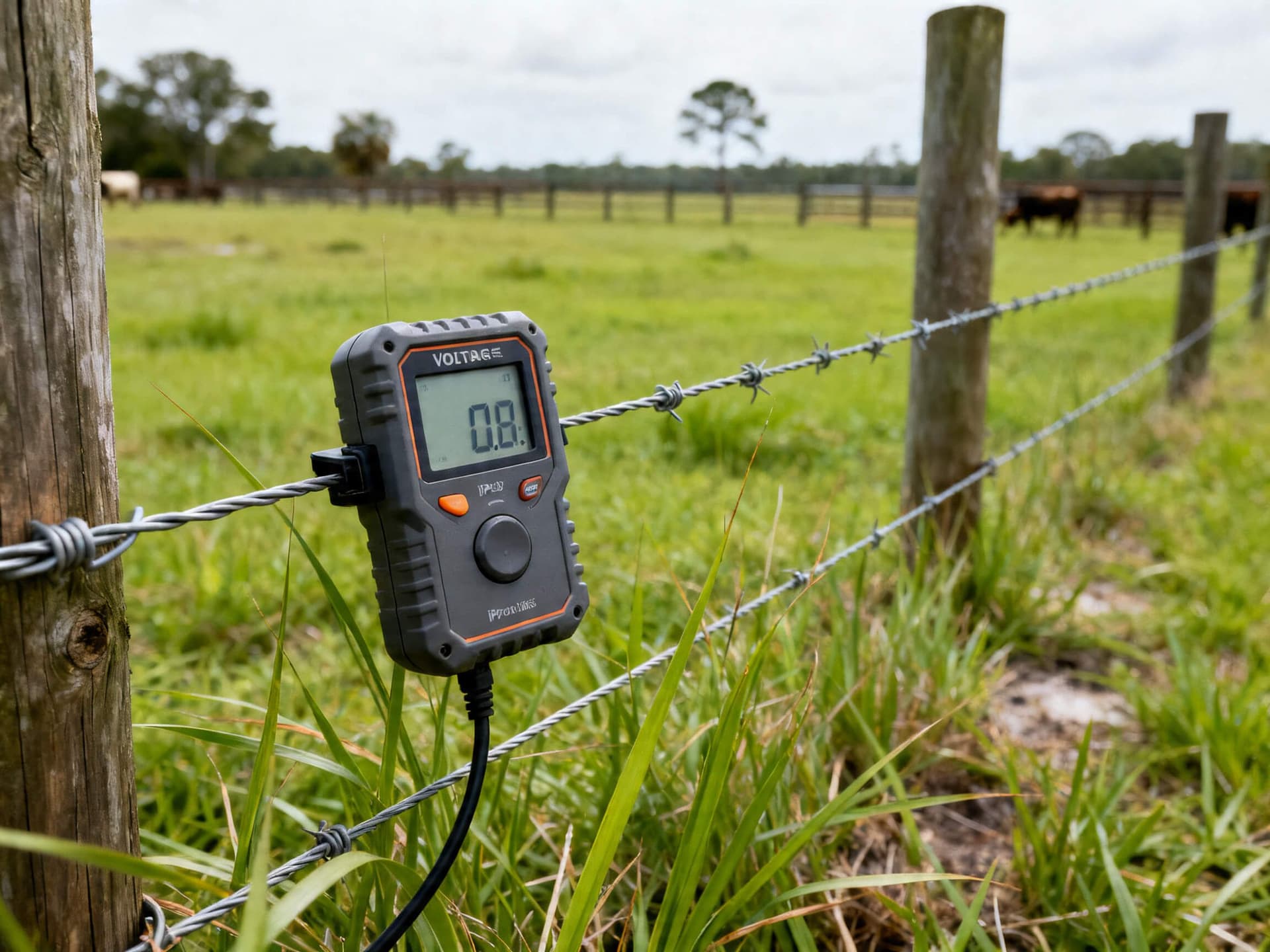 Hyper-realistic photo of a digital voltmeter clipped to an electrified farm fence wire, measuring voltage in a rural Florida pasture with sturdy posts and green grass, for an agricultural fencing contractor site.
