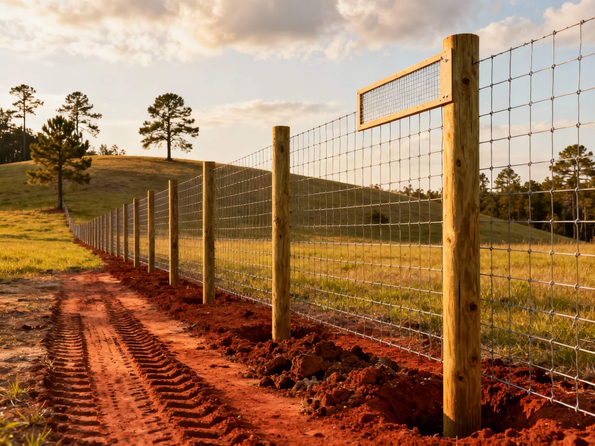 Rustic wood goat fence with posts and rails on a grassy southeastern farm