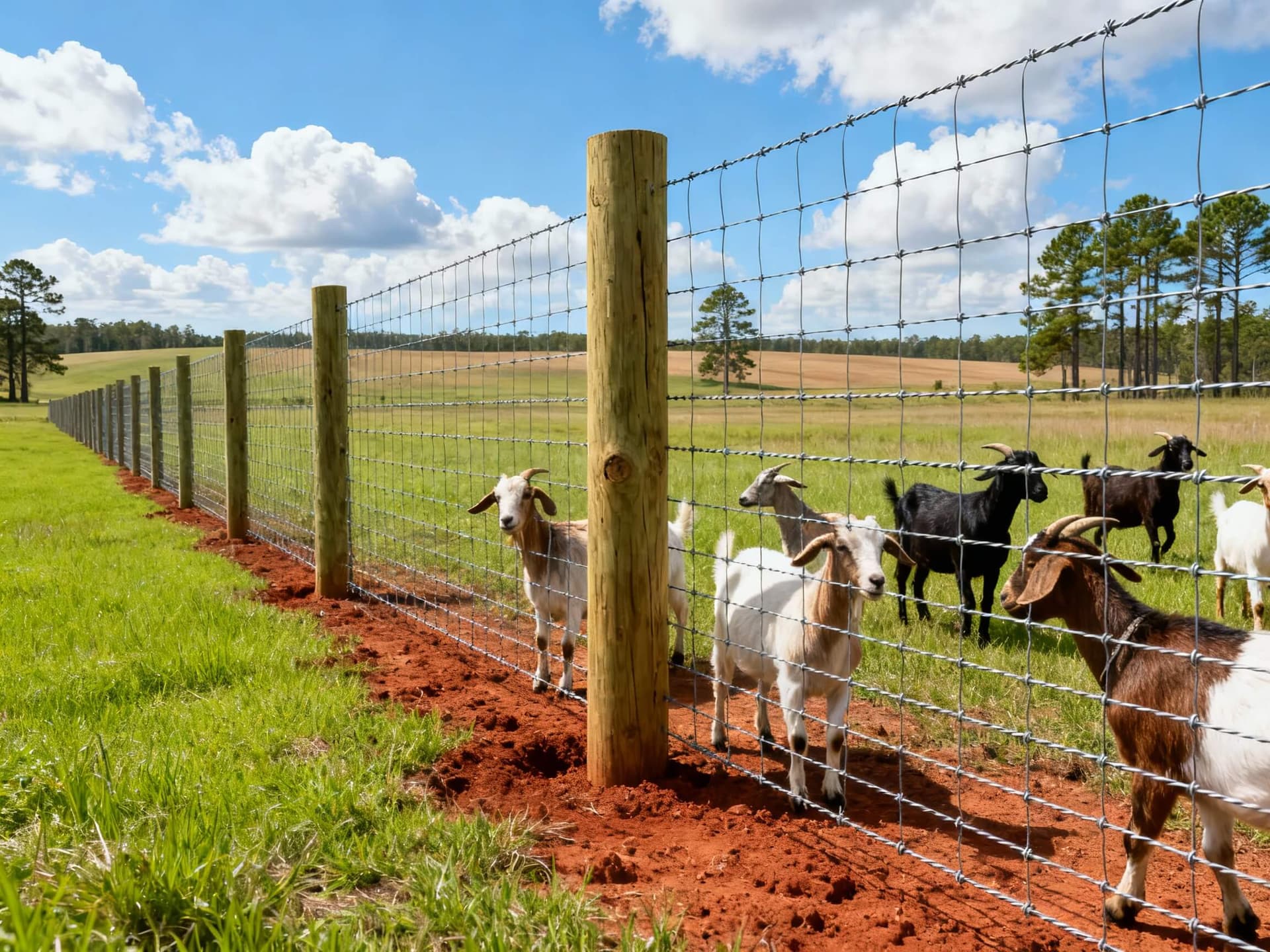 Goats behind a woven wire fence on a South Alabama farm