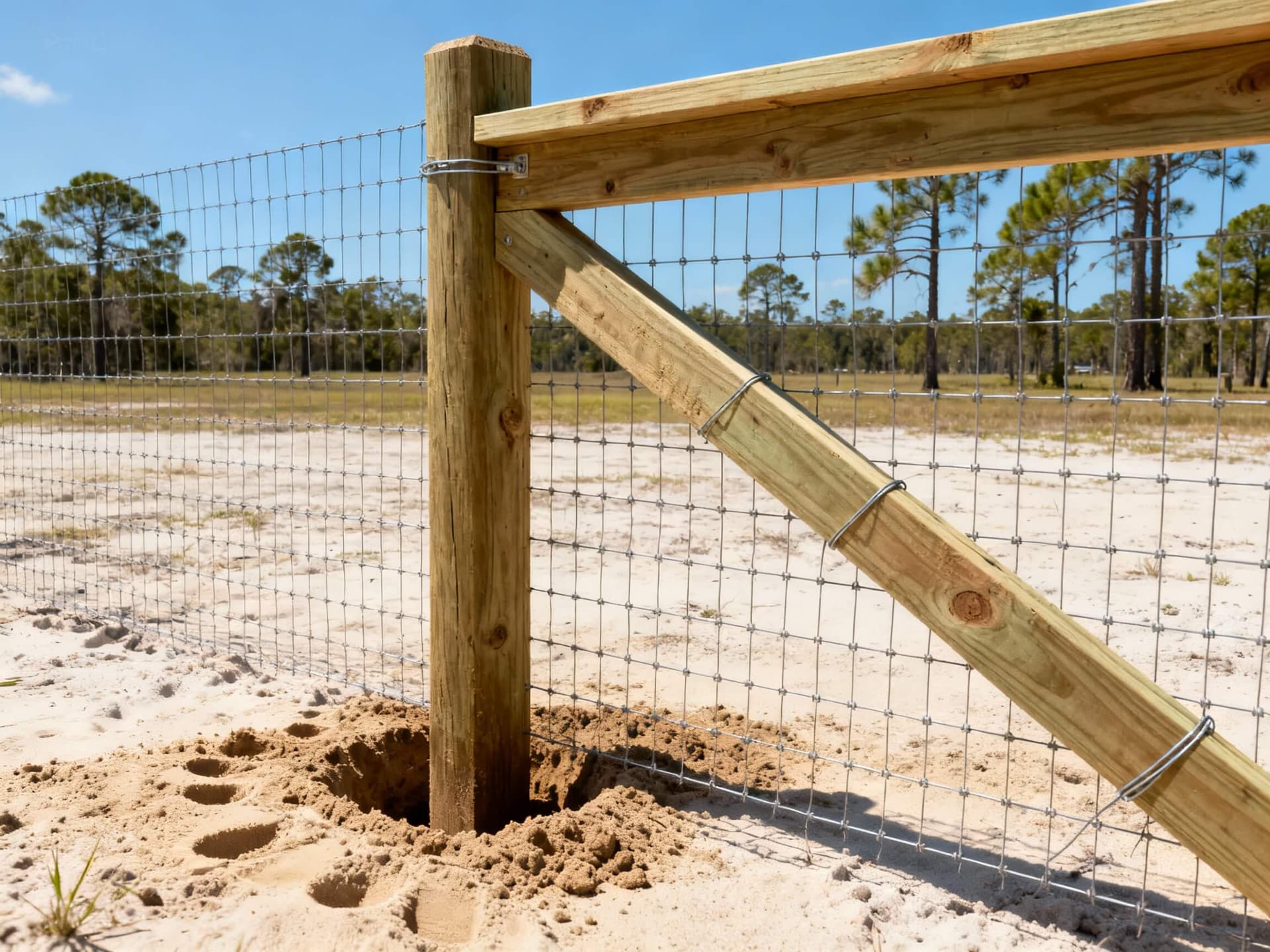 Deep-set H-brace and wooden corner posts secured in sandy farm soil