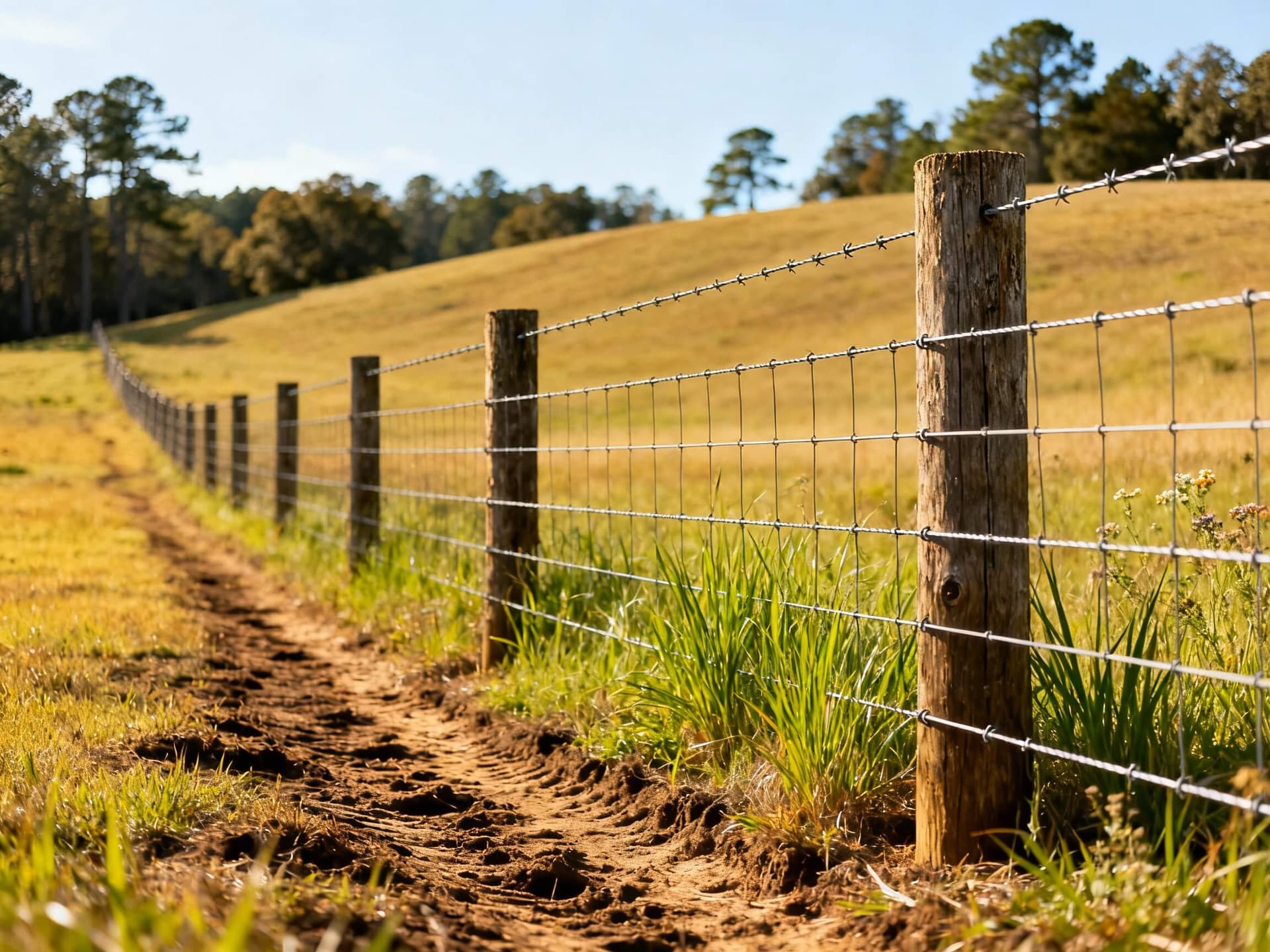 No-climb woven wire horse fence with top rail on a South Alabama farm