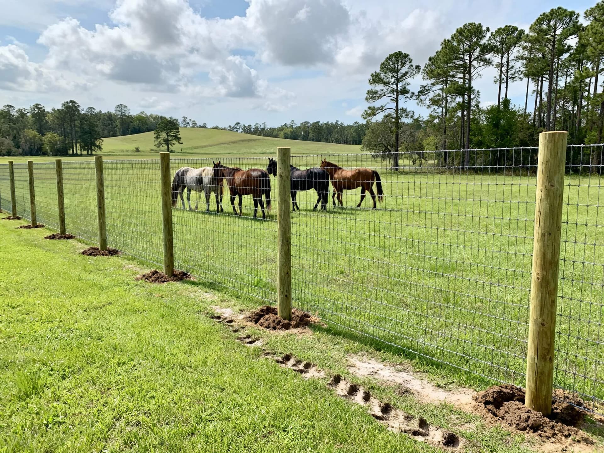 6-foot woven wire field fence containing horses in a Florida pasture
