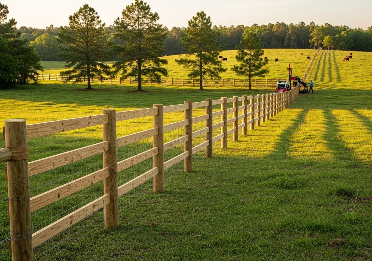 High tensile farm fence installation on rural pasture in Florida Panhandle