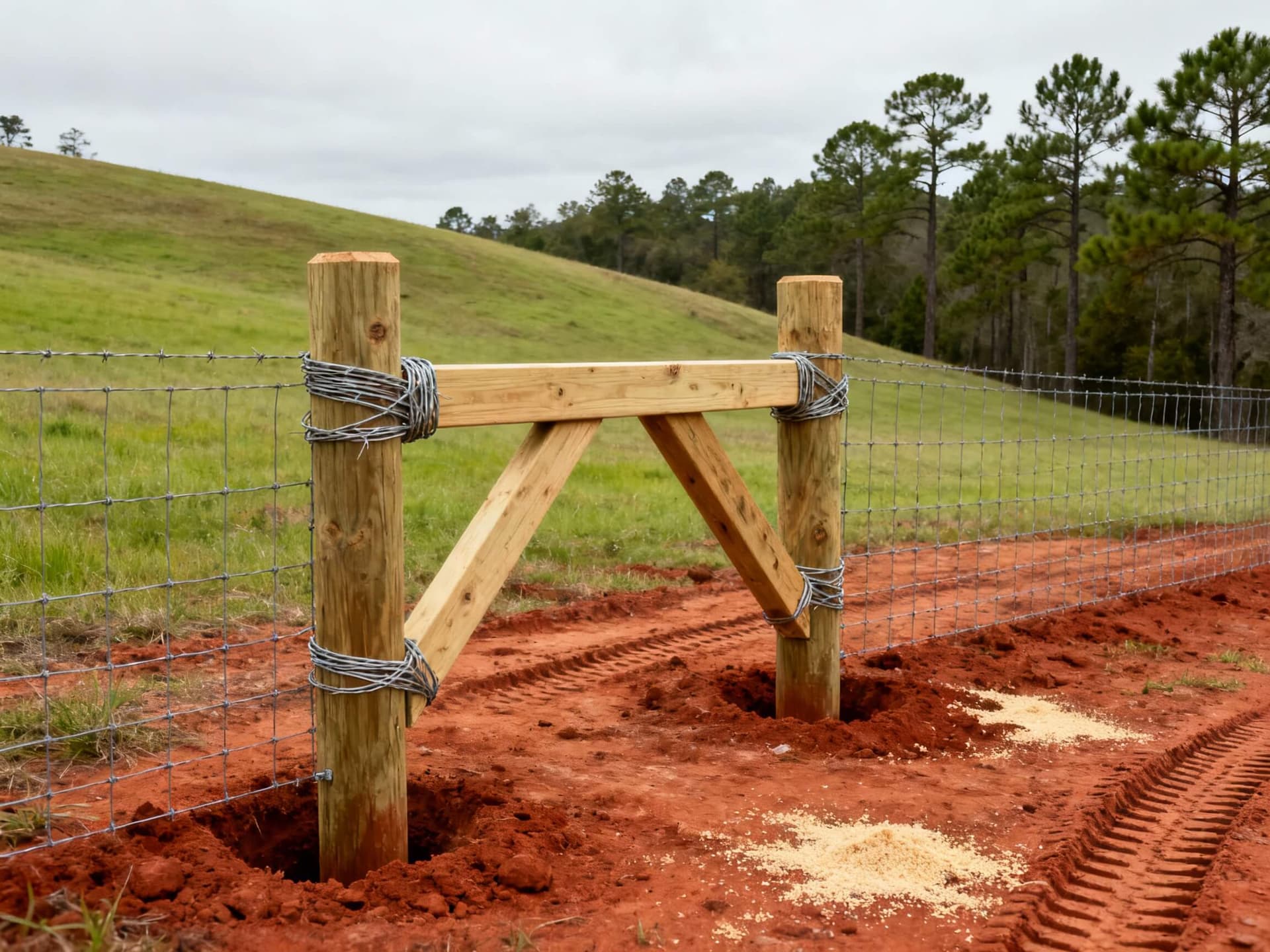 Wooden H-brace post with woven wire on South Georgia farmland