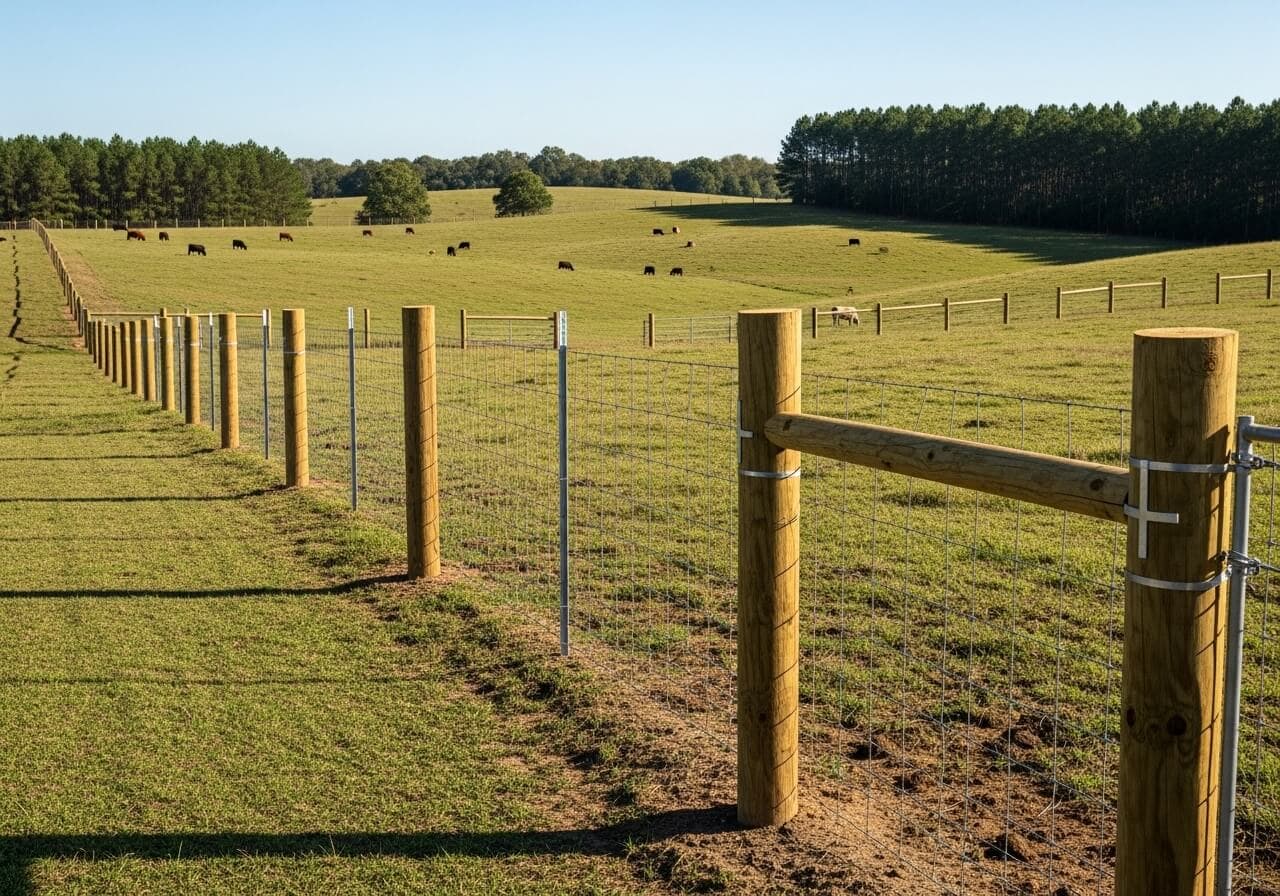 Fence wire tensioned and secured on wooden posts