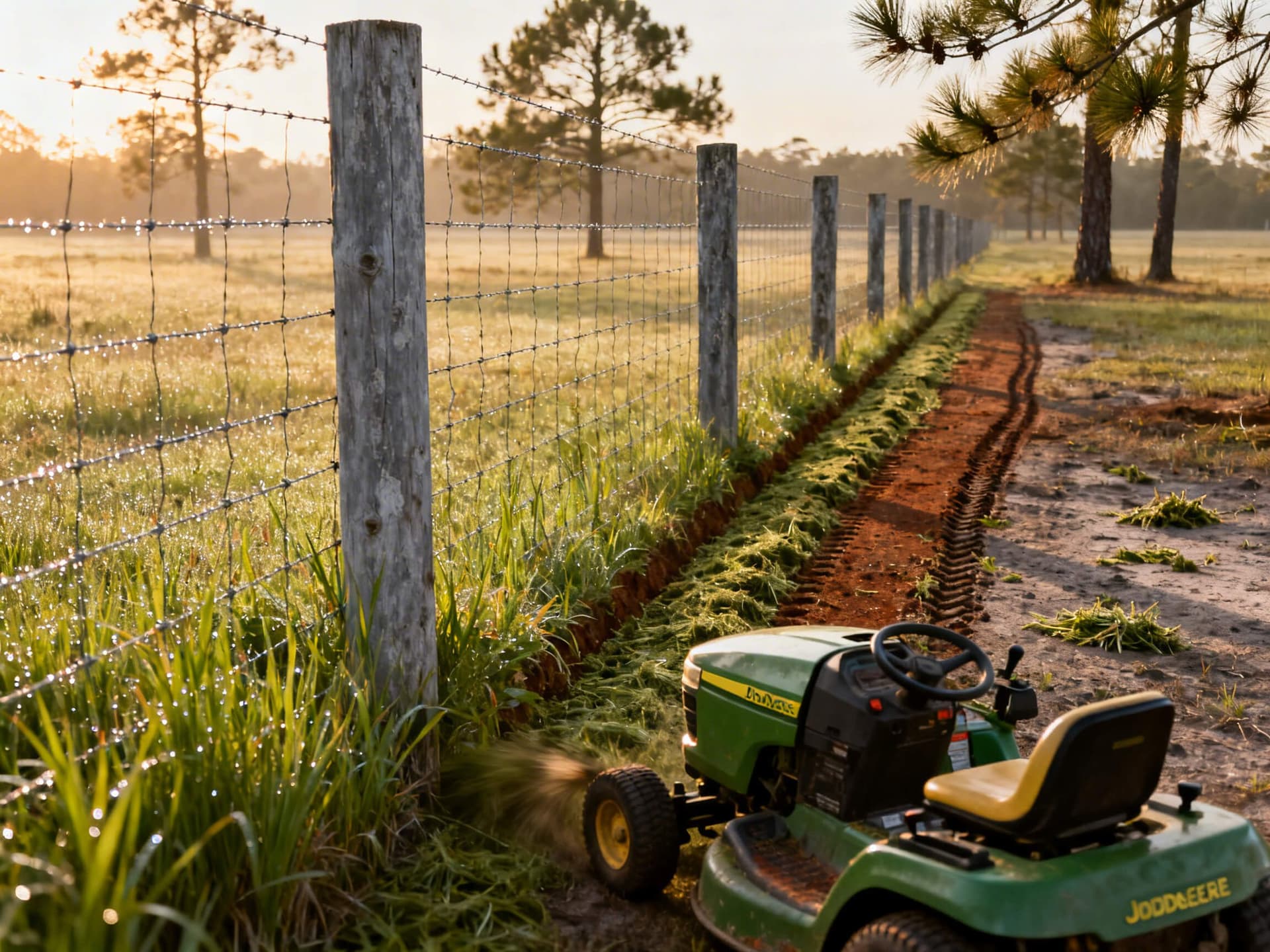 Hyper-realistic photo of a riding mower trimming grass under a wire mesh farm fence in rural Florida, with clear-cut vegetation along the fence line and open pasture in the background. Perfect for showcasing farm fence maintenance.