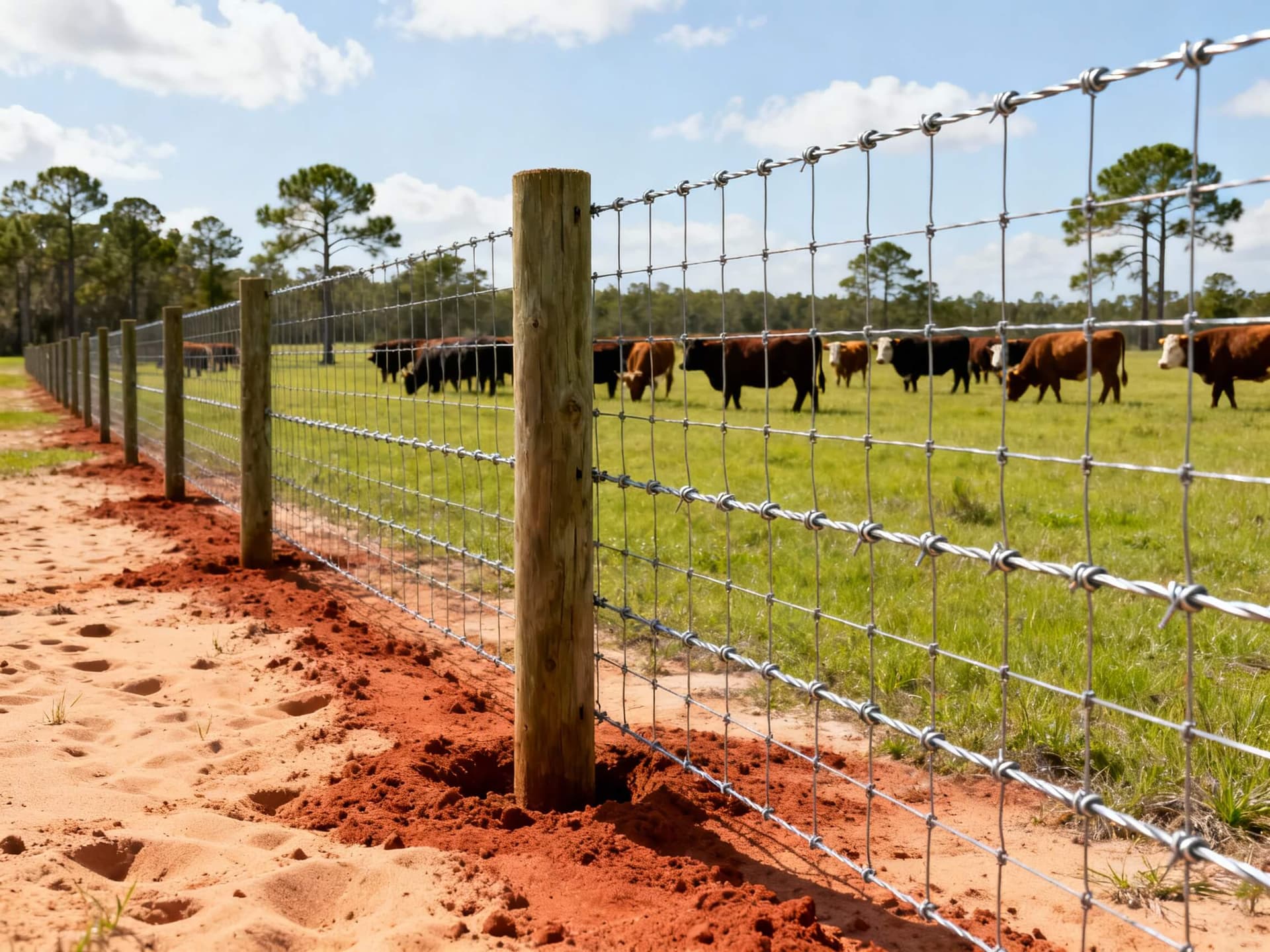 Realistic photo showing a herd of cattle grazing behind a durable, fixed-knot woven wire fence with wooden posts on a green pasture in the Florida Panhandle, ideal for a livestock fencing contractor website.