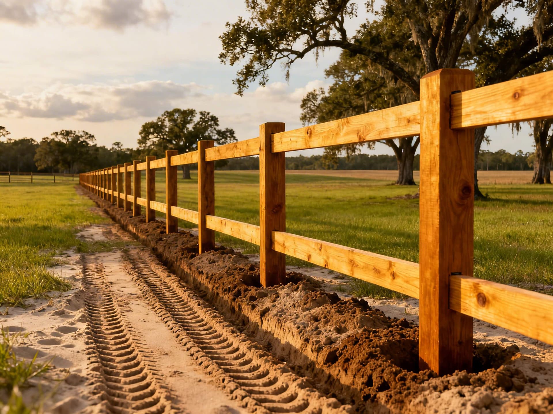 Hyper-realistic photo of a newly installed pressure-treated pine wood farm fence on a cattle ranch in Bonifay, Florida, showcasing sturdy construction and fresh lumber in a rural pasture setting.