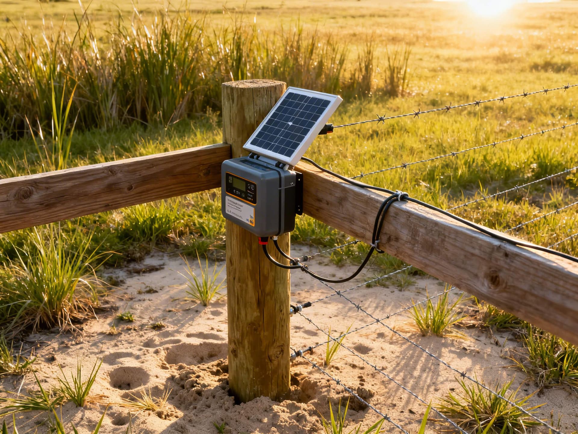 Realistic photo of a solar electric fence energizer mounted on a wooden H-brace in a sunny pasture in Bonifay, FL, showing quality fence construction and solar panel placement for agricultural fencing.