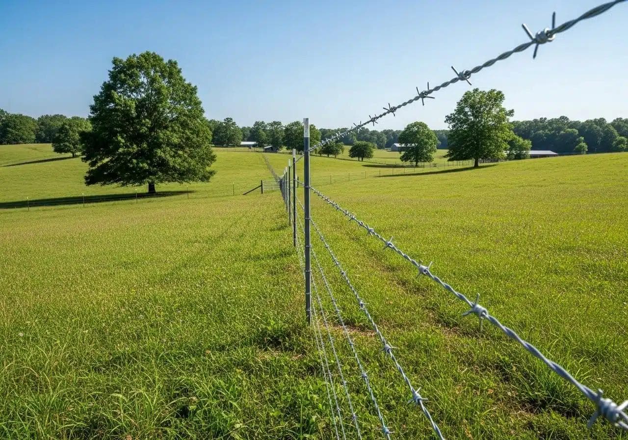 Steel t-post with multiple strands of barbed wire cattle fencing stretching across green pasture with scattered trees and farm buildings in background