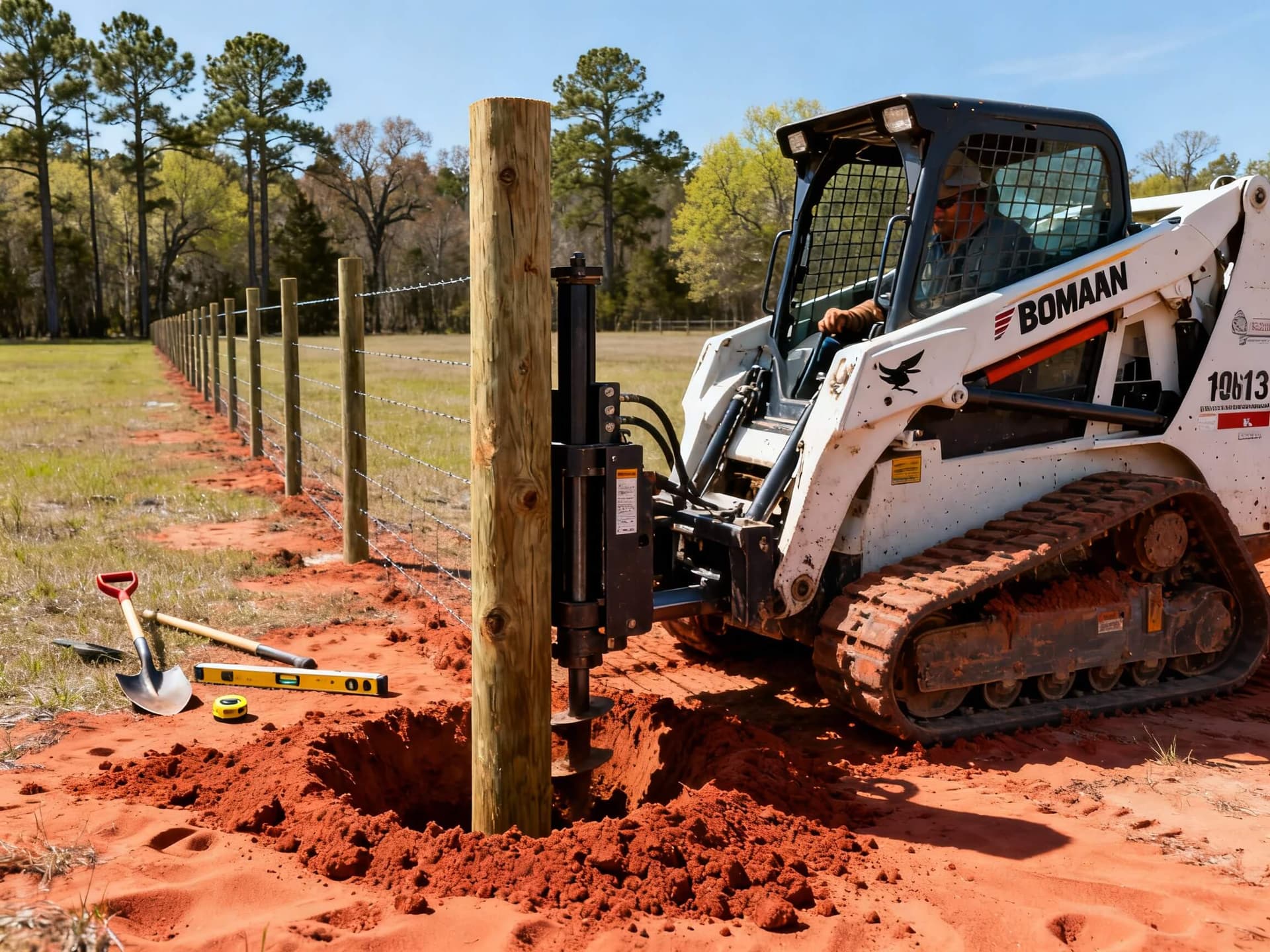 High-tensile wire fence stretched and secured with evenly spaced wooden posts